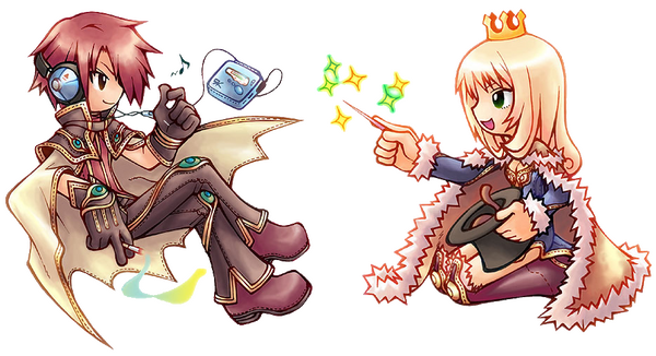 ragnarok online wizards, male and female, seated across from each other, with an mp3 player and a magic wand respectively